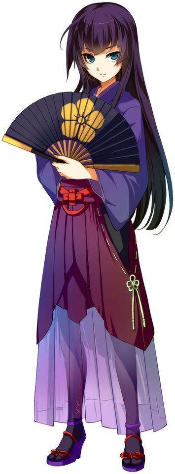 1girl blue_eyes fan full_body hakama japanese_clothes long_hair looking_at_viewer official_art oshiro_project oshiro_project_re pleated_skirt purple_hair sakamoto_(oshiro_project) skirt transparent_background tsurime yuunagi_(seventh_heaven)