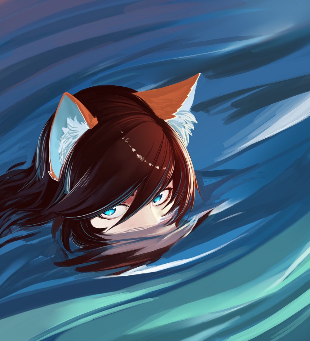 1girl animal_ears blue_eyes brown_hair floating_hair fox_ears fox_girl less looking_to_the_side partially_submerged peeking source_request water