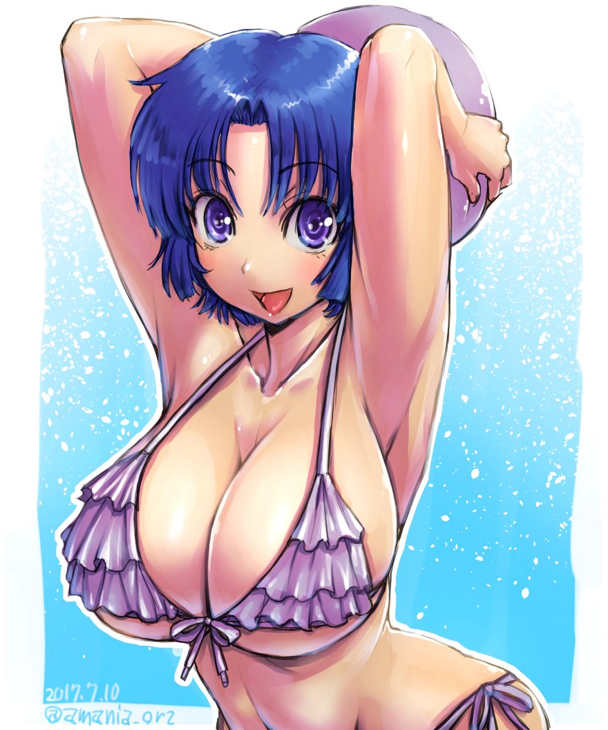 1girl :d amania_orz armpits arms_up ball beachball bikini blue_hair breasts cleavage collarbone dated frilled_bikini frills front-tie_bikini front-tie_top holding holding_ball kusuha_mizuha large_breasts looking_at_viewer open_mouth purple_bikini shiny shiny_hair short_hair side-tie_bikini skindentation smile solo super_robot_wars super_robot_wars_original_generation swimsuit twitter_username under_boob upper_body violet_eyes