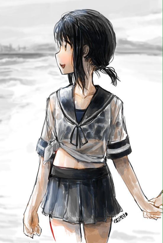10s 1girl artist_name beach ergot fubuki_(kantai_collection) hand_holding hill kantai_collection looking_to_the_side midriff navel ocean open_mouth out_of_frame partially_colored pleated_skirt ponytail see-through shirt short_ponytail sketch skirt sky smile solo_focus sports_bra tied_shirt walking water wet wet_clothes wet_hair