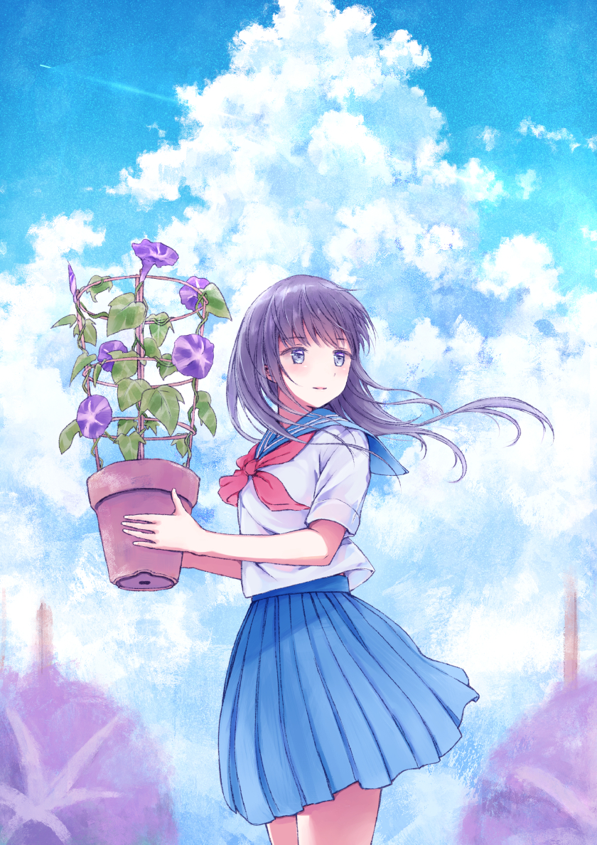 1girl bangs blue_eyes blue_skirt blue_sky closed_mouth clouds cloudy_sky commentary_request eyebrows_visible_through_hair flower flower_pot holding holding_flower long_sleeves looking_to_the_side morning_glory nagidango neckerchief original outdoors pleated_skirt purple_hair red_neckerchief school_uniform serafuku shirt short_sleeves skirt sky solo standing white_shirt wind