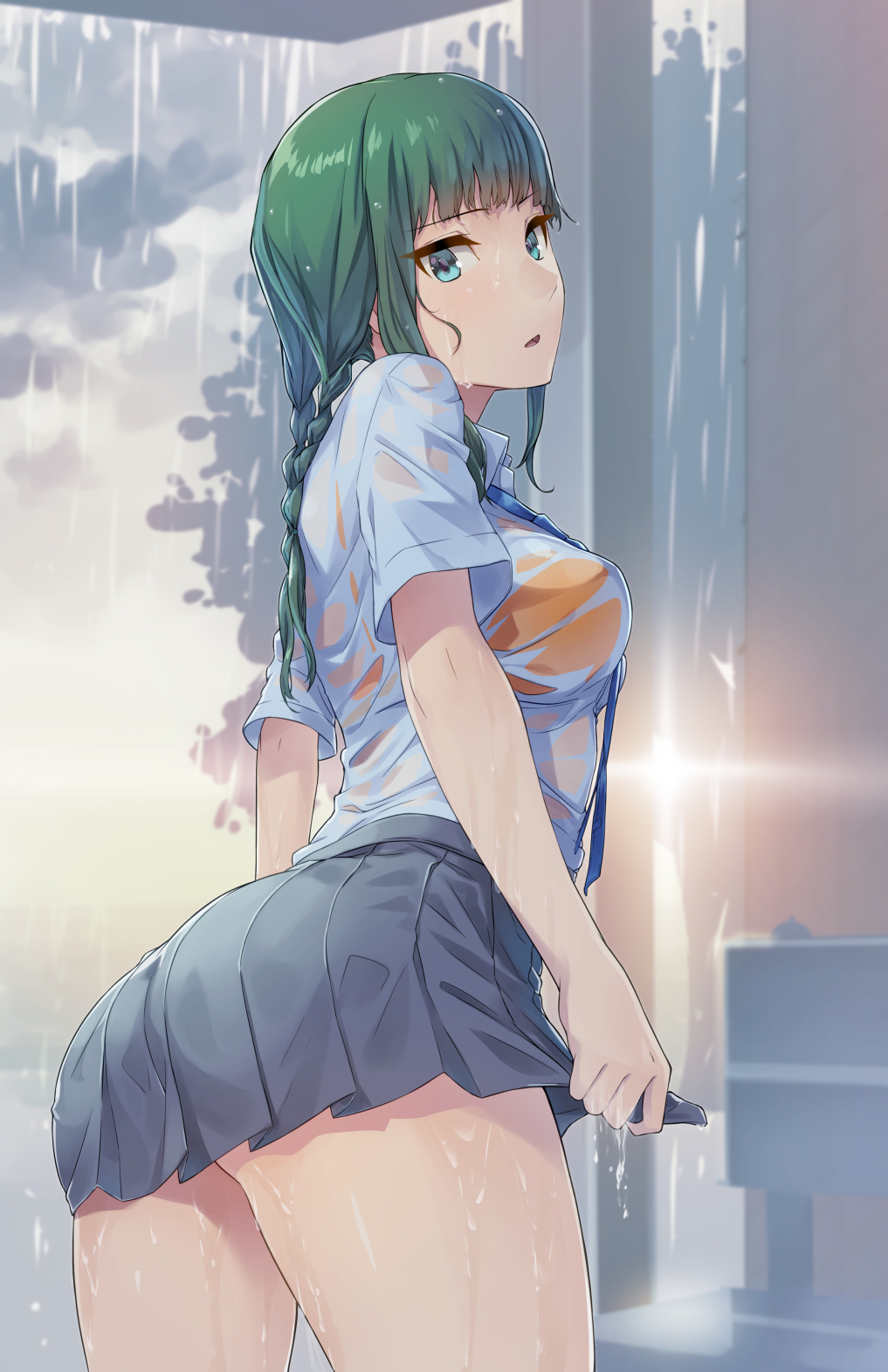 1girl aqua_eyes bangs bench blunt_bangs bra braid breasts clouds cloudy_sky collared_shirt commentary_request cowboy_shot from_behind green_hair grey_skirt highres long_hair looking_at_viewer looking_back medium_breasts open_mouth original outdoors pleated_skirt rain see-through shinon_(tokage_shuryou) shirt short_sleeves sidelocks skirt sky solo standing twin_braids underwear wet wet_clothes wet_shirt wing_collar wringing_clothes wringing_skirt yellow_bra