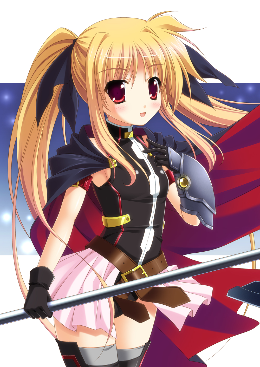 1girl :d belt black_gloves black_legwear black_leotard black_ribbon blonde_hair blush breasts cape cowboy_shot endori eyebrows_visible_through_hair fate_testarossa floating_hair gloves hair_ribbon highres holding holding_weapon leotard long_hair looking_at_viewer lyrical_nanoha open_mouth pink_skirt pleated_skirt polearm red_eyes ribbon sideboob simple_background skirt small_breasts smile solo standing thigh-highs twintails very_long_hair weapon white_background