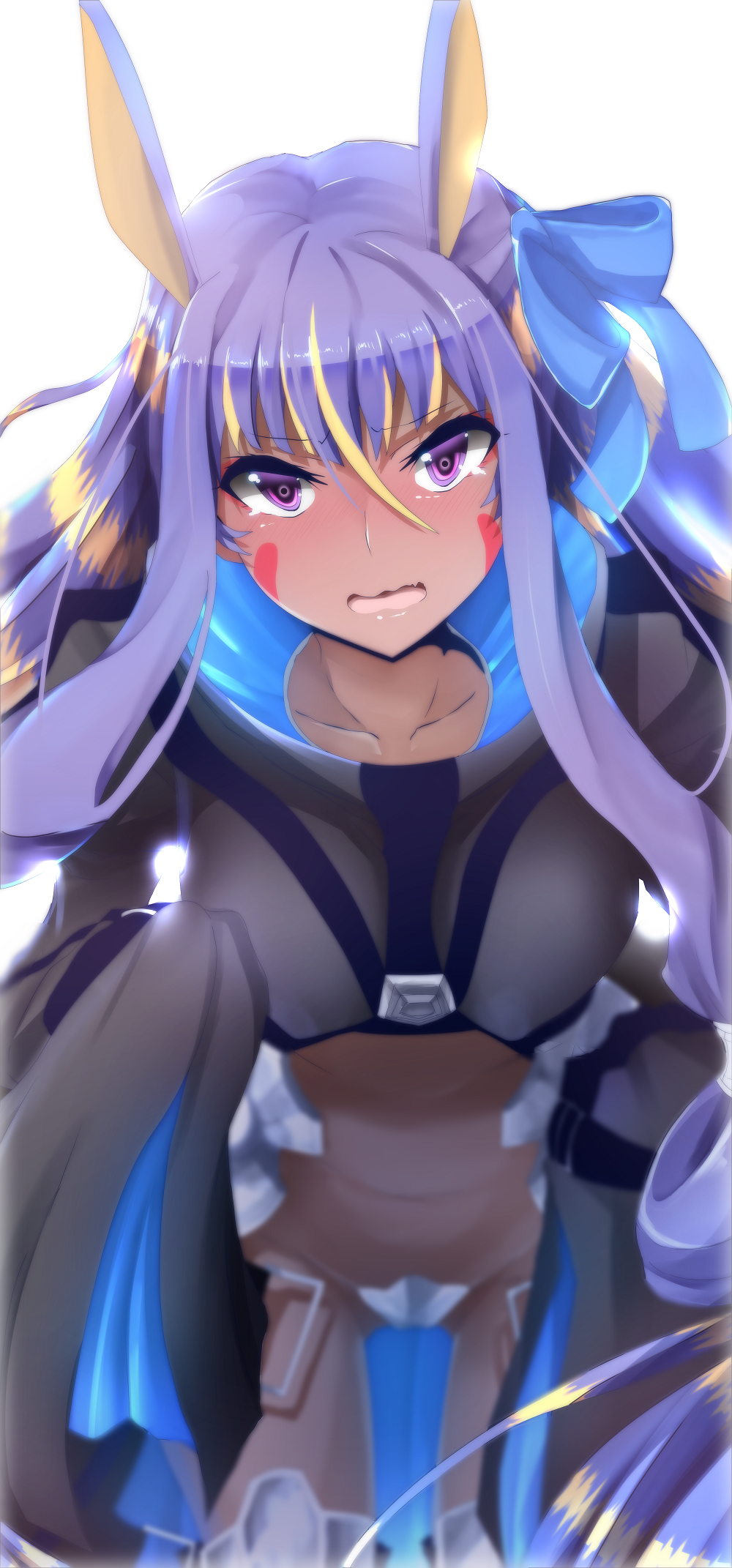 &gt;:o 1girl :o animal_ears bangs blonde_hair blue_ribbon blush collarbone cosplay cowboy_shot crop_top crotch_plate dark_skin earrings egyptian facial_mark fate/grand_order fate_(series) foreshortening hair_ribbon hairband highres hoop_earrings jewelry leaning_forward long_hair long_sleeves looking_at_viewer meltlilith meltlilith_(cosplay) multicolored_hair navel nitocris_(fate/grand_order) open_mouth purple_hair ribbon sidelocks sleeves_past_wrists solo stomach straitjacket thigh-highs two-tone_hair very_long_hair violet_eyes wadakazu wavy_mouth