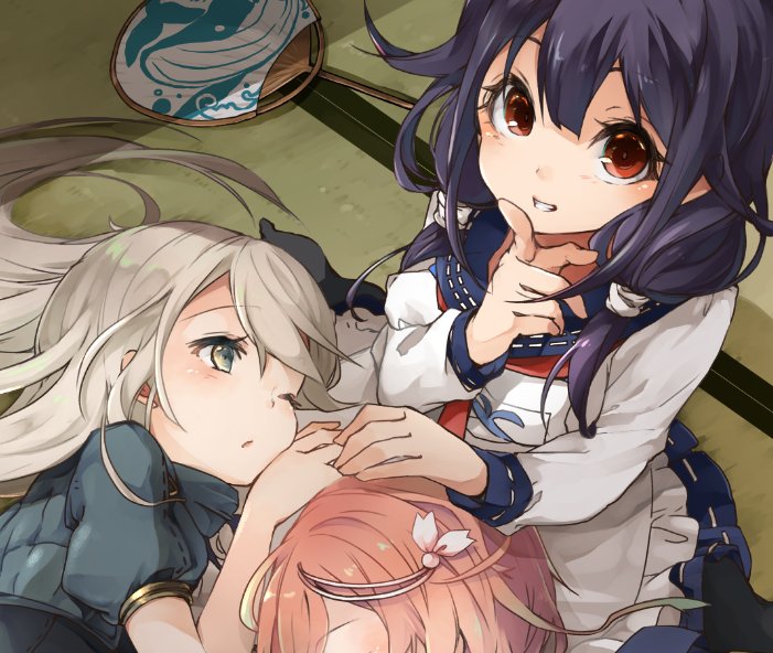 10s 3girls animal_print blonde_hair blue_eyes cropped_jacket fan finger_to_mouth fish_print from_above hair_ornament i-58_(kantai_collection) kantai_collection long_hair long_sleeves looking_at_viewer looking_up multiple_girls nerokuro one_eye_closed paper_fan pink_hair purple_hair red_eyes short_hair shushing sitting taigei_(kantai_collection) u-511_(kantai_collection) uchiwa wariza whale_print