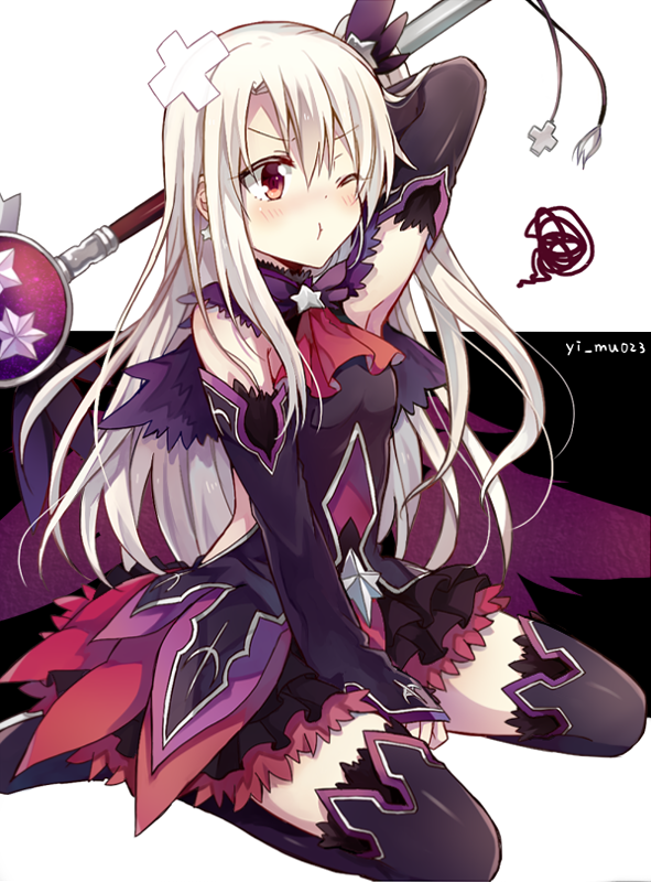 1girl ;t bangs between_legs black_legwear black_skirt blush brown_eyes closed_mouth copyright_request crossed_bandaids detached_sleeves eyebrows_visible_through_hair fate/kaleid_liner_prisma_illya fate_(series) grey_hair hair_between_eyes hand_between_legs holding holding_wand illyasviel_von_einzbern long_hair one_eye_closed pout sitting skirt solo squiggle thigh-highs twitter_username vest wand wariza yimu