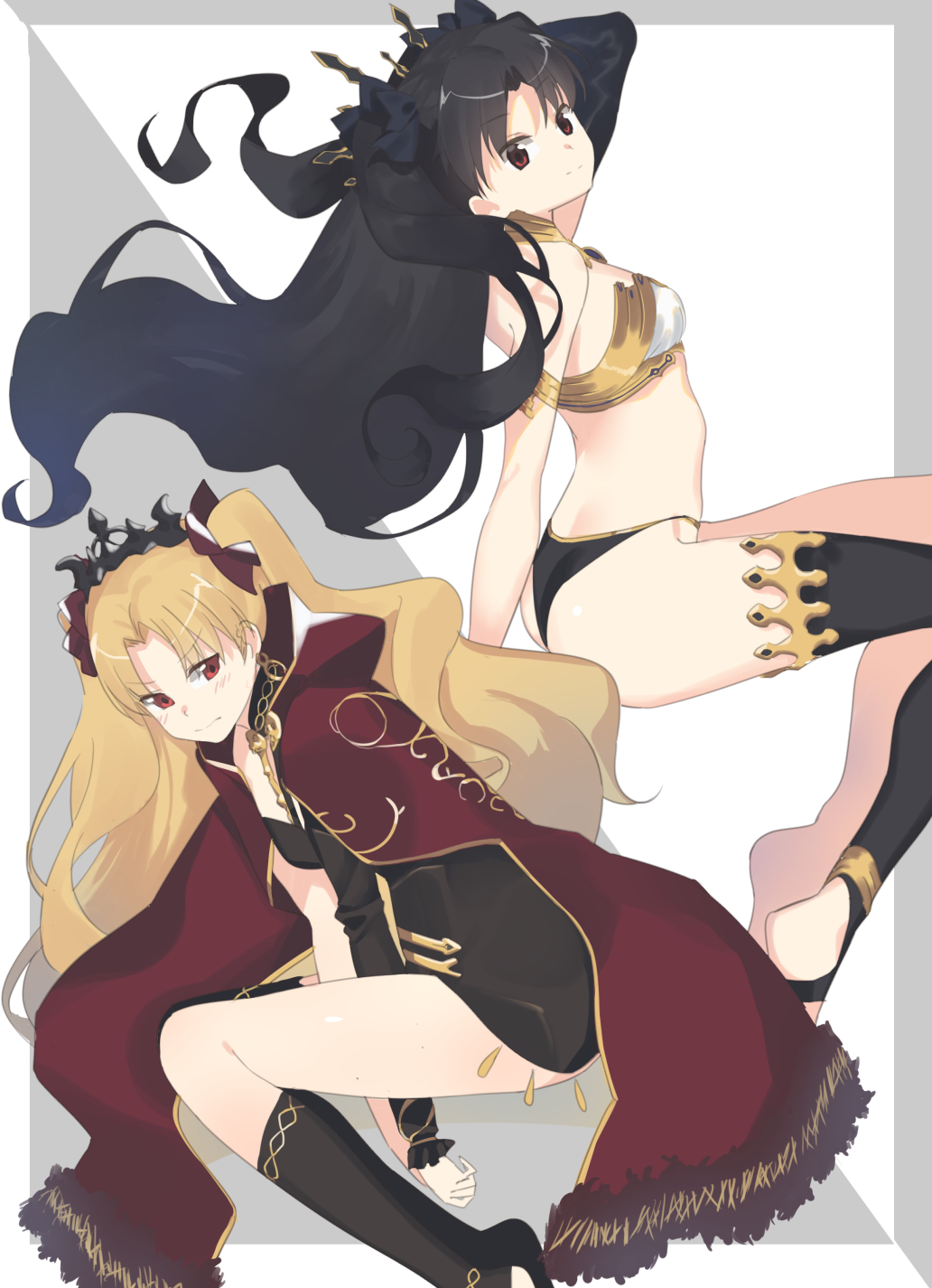 2girls 2l_(2lsize) ass black_hair blonde_hair blush breasts cape commentary_request crown earrings ereshkigal_(fate/grand_order) fate/grand_order fate_(series) hair_ribbon highres ishtar_(fate/grand_order) jewelry long_hair looking_at_viewer multiple_girls red_cape red_eyes ribbon single_thighhigh thigh-highs tohsaka_rin twintails two_side_up