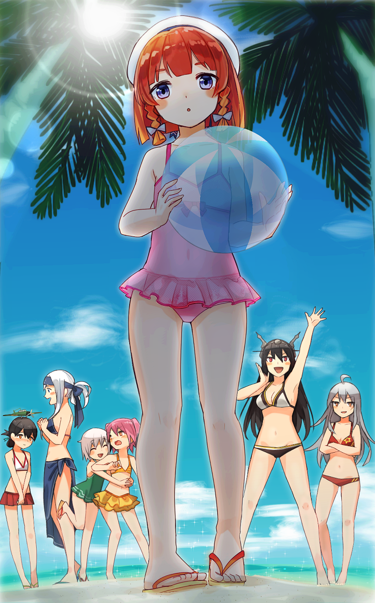 10s beach bikini black_hair blue_eyes etorofu_(kantai_collection) gangut_(kantai_collection) grey_hair highres kamoi_(kantai_collection) kantai_collection kasuga_maru_(kantai_collection) kunashiri_(kantai_collection) long_hair multiple_girls nagato_(kantai_collection) orange_hair palm_tree pink_hair red_eyes remodel_(kantai_collection) scar scar_on_cheek shimushu_(kantai_collection) short_hair silver_hair sky swimsuit tree yamashiki_(orca_buteo)