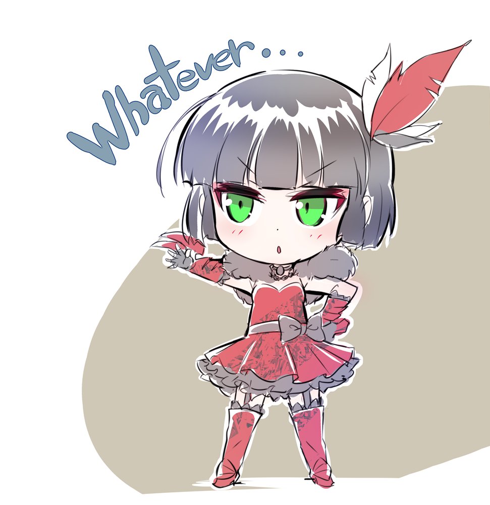 1girl black_hair boots chibi claw_(weapon) detached_sleeves dress english feathers fingerless_gloves garter_straps gloves green_eyes iesupa miltiades_malachite red_dress rwby rwby_chibi solo weapon