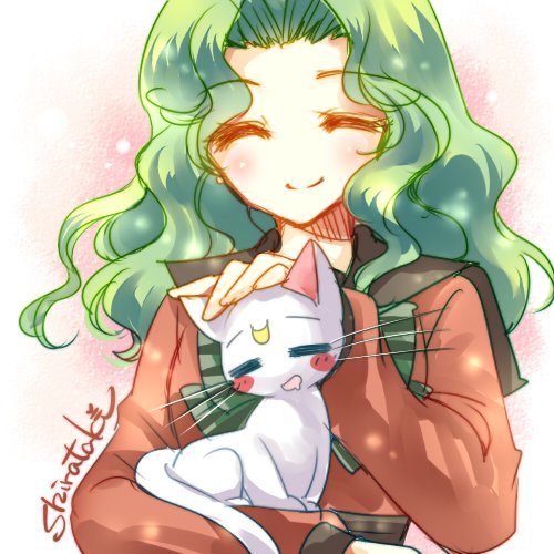 aqua_hair artemis_(sailor_moon) bishoujo_senshi_sailor_moon cat green_hair kaiou_michiru long_hair lowres shirataki_kaiseki smile