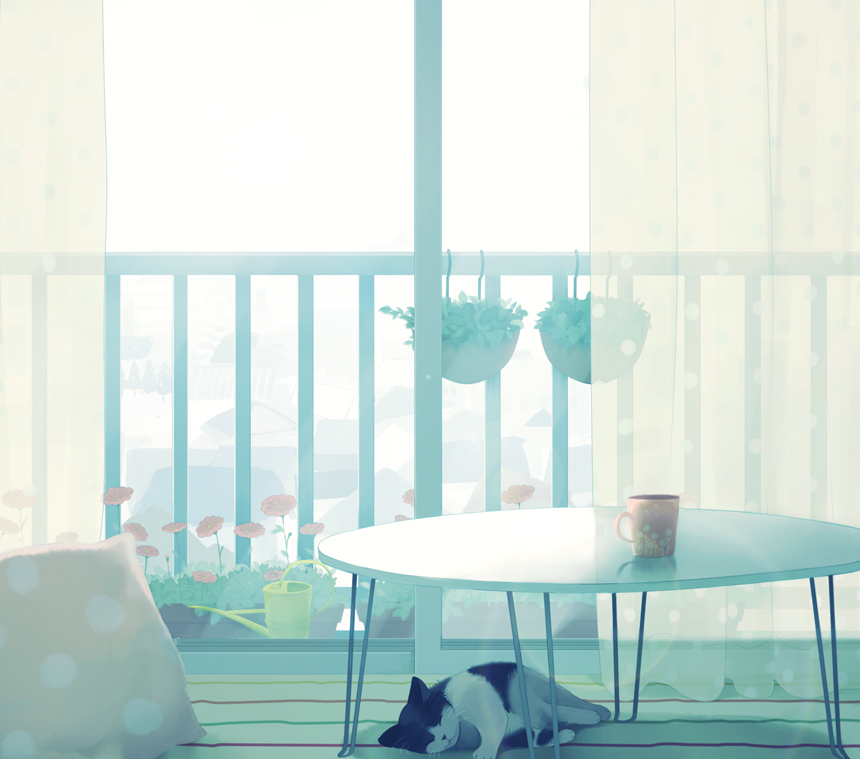 balcony cat closed_eyes commentary_request cup curtains indoors lying nakamura_hinata no_humans on_side original pillow plant potted_plant revision room scenery sleeping solo table