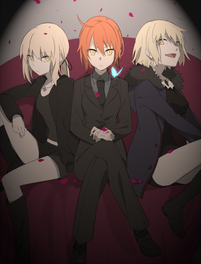 3girls :d ahoge aikanm bangs black_necktie black_shorts blonde_hair boots camisole closed_mouth cross cross_necklace eyebrows_visible_through_hair fate_(series) formal fujimaru_ritsuka_(female) fur_trim hair_between_eyes hood hoodie jacket jeanne_alter jewelry knee_boots legs_crossed looking_at_another looking_at_viewer multiple_girls necklace necktie open_clothes open_hoodie open_jacket open_mouth orange_hair parted_lips petals ruler_(fate/apocrypha) saber saber_alter short_shorts shorts sitting smile suit tuxedo yellow_eyes