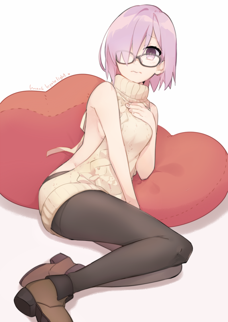 1girl 3: aikanm aran_sweater backless_outfit bangs black-framed_eyewear boots breasts brown_boots character_name closed_mouth drawstring dress embarrassed fate/grand_order fate_(series) glasses hair_over_one_eye halterneck hand_on_own_chest looking_at_viewer medium_breasts meme_attire open-back_dress pantyhose pillow purple_hair ribbed_sweater shadow shielder_(fate/grand_order) short_hair sideboob simple_background solo sweater sweater_dress turtleneck turtleneck_sweater violet_eyes virgin_killer_sweater white_background