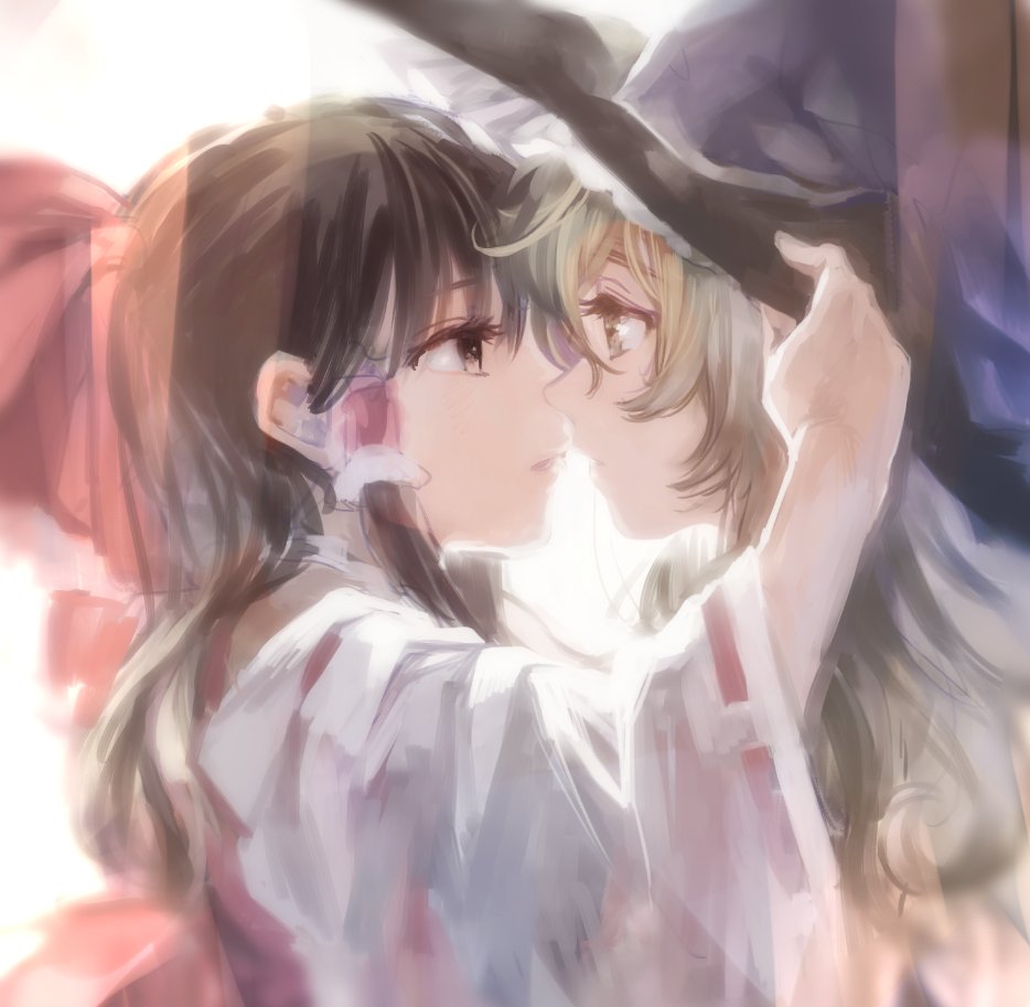 2girls black_hair blonde_hair blush bow detached_sleeves face-to-face hair_bow hair_tubes hakurei_reimu hand_on_another's_hat hat incipient_kiss kayako_(tdxxxk) kirisame_marisa multiple_girls touhou witch_hat yellow_eyes yuri