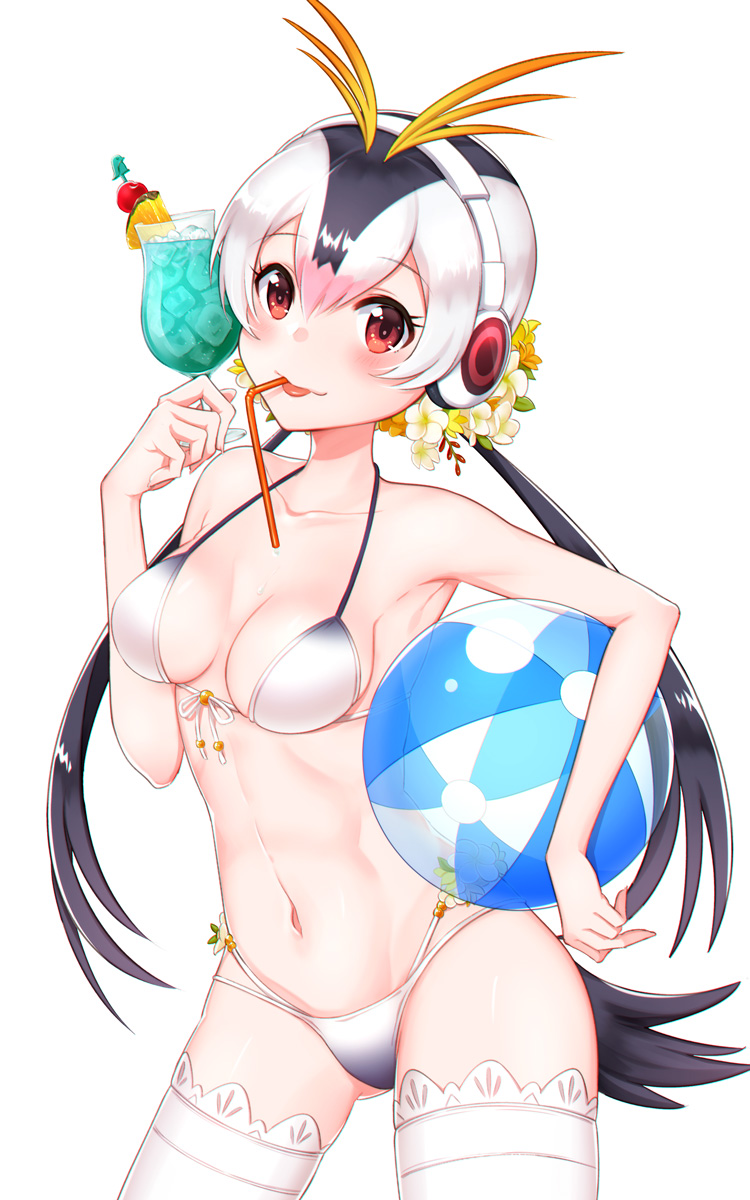 1girl :p armpits ball beachball bendy_straw bikini bird_tail black_hair blush breasts breasts_apart cup drinking_glass drinking_straw dripping flower front-tie_bikini front-tie_top gluteal_fold hair_flower hair_ornament headphones highres holding holding_ball holding_drinking_glass hurricane_glass kemono_friends looking_at_viewer low_twintails medium_breasts mouth_hold mugi_(iccomae) multicolored_hair navel pink_hair red_eyes royal_penguin_(kemono_friends) solo swimsuit thigh-highs tongue tongue_out tropical_drink twintails white_hair white_legwear