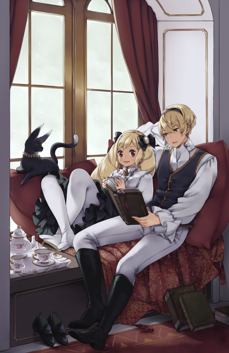 1boy 1girl animal blonde_hair book brother_and_sister cat couch drill_hair elise_(fire_emblem_if) fire_emblem fire_emblem_if highres holding holding_book indoors leon_(fire_emblem_if) pantyhose siblings sitting smile white_legwear