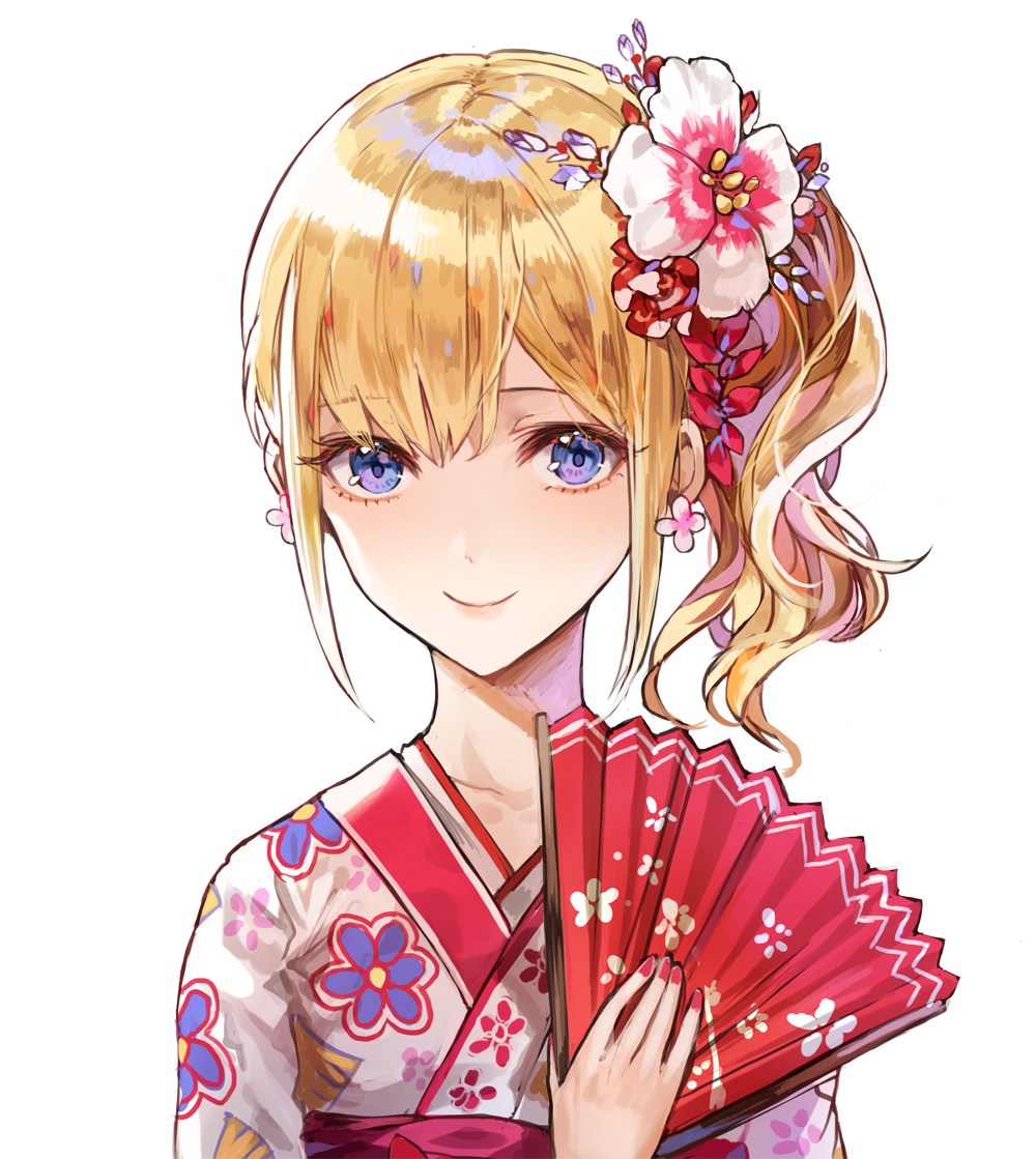 bangs blonde_hair blue_eyes earrings eyebrows_visible_through_hair fan floral_print flower flower_earrings hair_flower hair_ornament holding holding_fan japanese_clothes jewelry kim_eb kimono long_hair looking_at_viewer nail_polish obi original pink_kimono red_nails sash shiny shiny_hair side_ponytail simple_background smile upper_body white_background