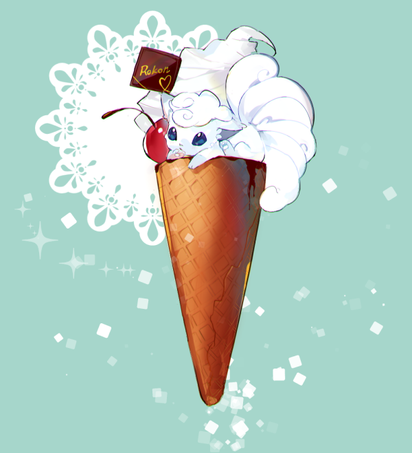 atsumi_jun blue_eyes green_background ice_cream_cone no_humans pokemon solo sparkle vulpix waffle_cone