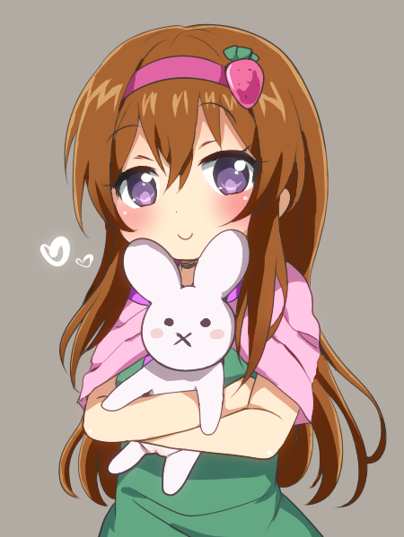 1girl alice_margatroid blush brown_hair closed_mouth cookie_(touhou) crossed_arms eyebrows_visible_through_hair food_themed_hair_ornament hair_ornament hairband heart holding holding_stuffed_animal ichigo_(cookie) long_hair looking_at_viewer po_(seiga67696379) smile strawberry_hair_ornament stuffed_animal stuffed_bunny stuffed_toy touhou upper_body violet_eyes