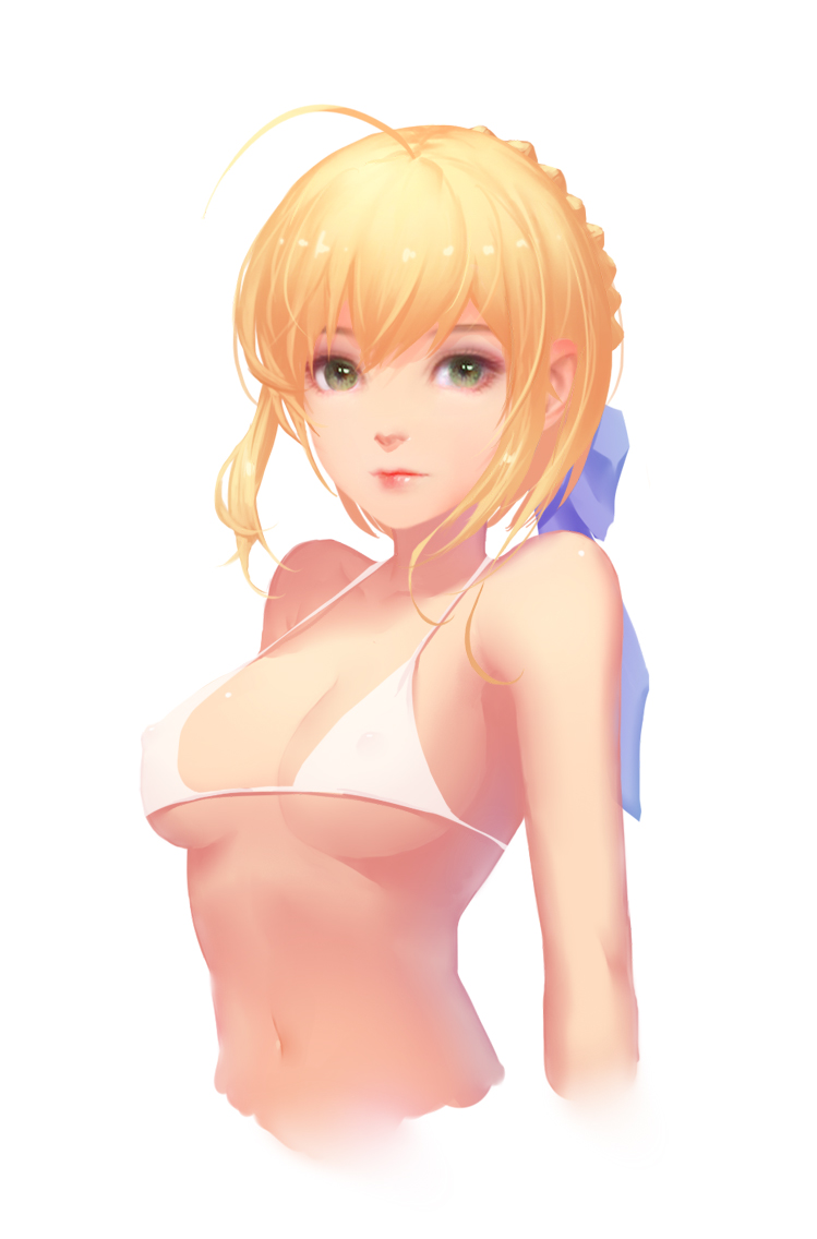 1girl blonde_hair braid breasts erect_nipples fate_(series) french_braid green_eyes looking_at_viewer medium_breasts navel saber simple_background solo upper_body white_background white_bikini_top xion32