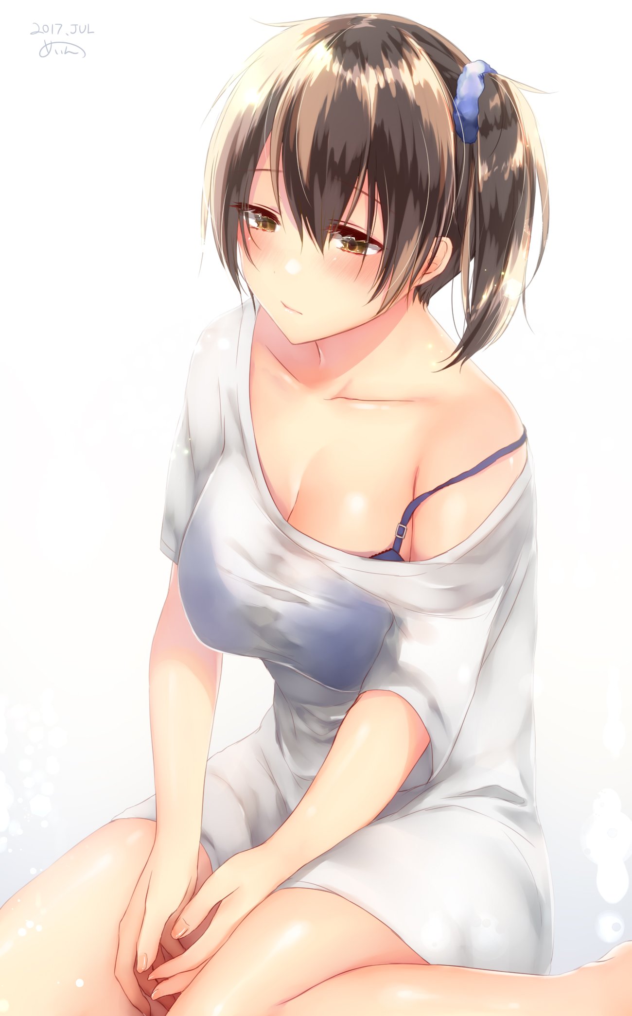 10s 1girl alternate_costume artist_name artist_signature between_legs blue_bra blush bra breasts brown_eyes brown_hair cleavage collarbone dated fingernails hair_between_eyes hand_between_legs highres kaga_(kantai_collection) kantai_collection large_breasts off_shoulder sakiryo_kanna scrunchie see-through shiny shiny_hair shirt short_hair short_sleeves side_ponytail simple_background sitting solo underwear wariza white_background white_shirt