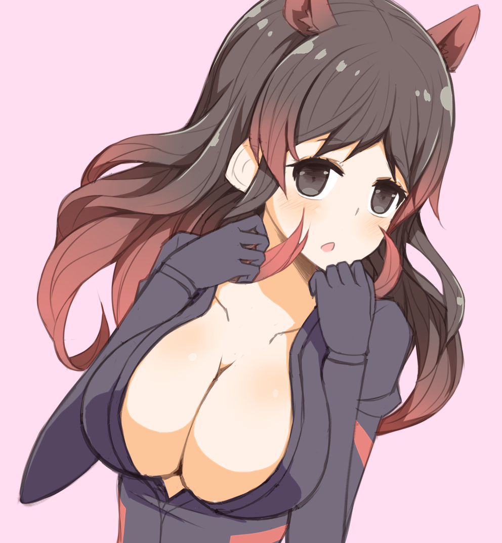 1girl animal_ears arashiya black_eyes black_hair blush breasts cleavage gloves gradient_hair hippopotamus_(kemono_friends) hippopotamus_ears kemono_friends large_breasts long_hair looking_at_viewer multicolored_hair open_mouth redhead solo two-tone_hair upper_body