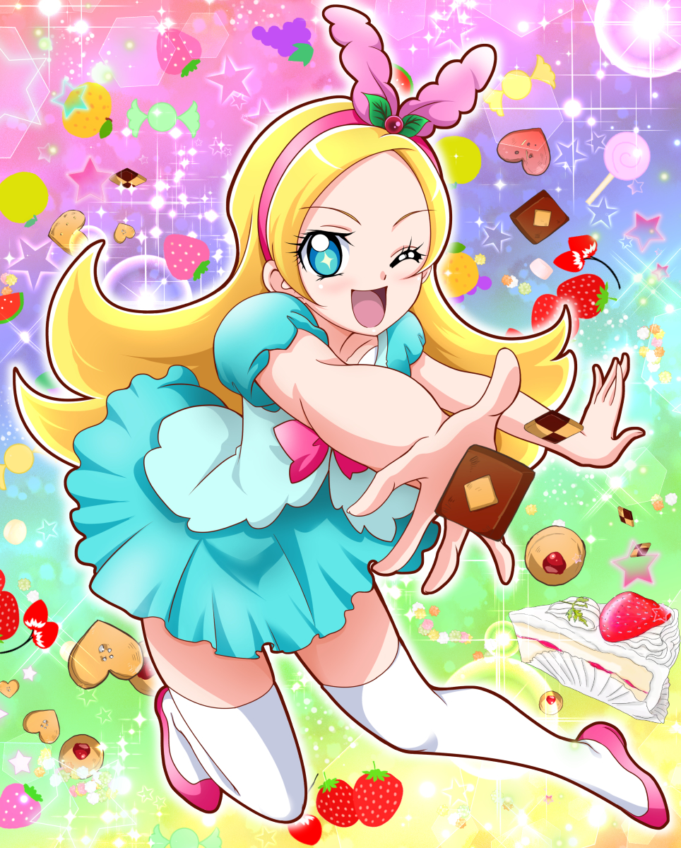 1girl ;d aqua_skirt blonde_hair blue_eyes bow cake candy checkerboard_cookie cookie flipped_hair food fruit full_body grapes hairband hanzou happy highres kirahoshi_ciel kirakira_precure_a_la_mode light_particles lollipop long_hair looking_at_viewer one_eye_closed open_mouth orange outstretched_hand pink_bow pink_hairband pink_shoes precure rainbow_background shoes smile solo star strawberry strawberry_shortcake thigh-highs white_legwear