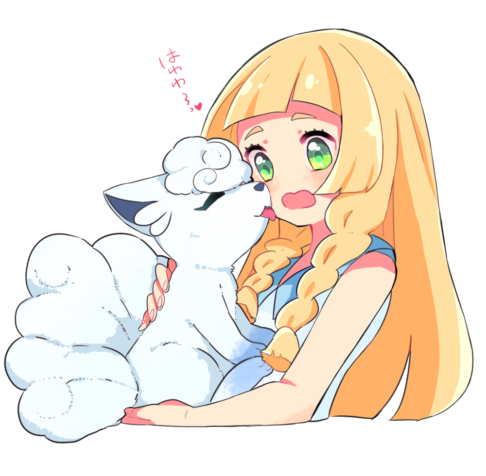 1girl alola_form alolan_vulpix blonde_hair braid commentary_request face_licking hetchhog_tw licking lillie_(pokemon) long_hair open_mouth pokemon pokemon_(anime) pokemon_(creature) pokemon_sm_(anime) simple_background sleeveless twin_braids upper_body white_background