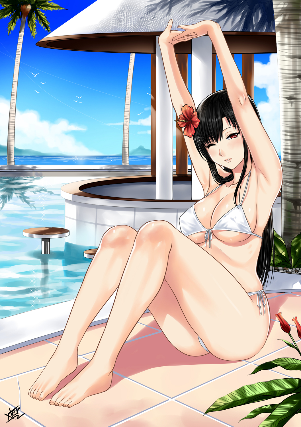 1girl ;) armpits arms_up bare_arms bare_legs bare_shoulders barefoot bikini bird black_hair blue_sky blush breasts cleavage coconut_tree day feet flower hair_flower hair_ornament hibiscus highres horizon knees_up large_breasts long_hair looking_at_viewer ocean one_eye_closed original outdoors palm_tree parted_lips pool red_eyes seagull side-tie_bikini sitting sky smile solo stretch swimsuit tree under_boob white_bikini xtermination