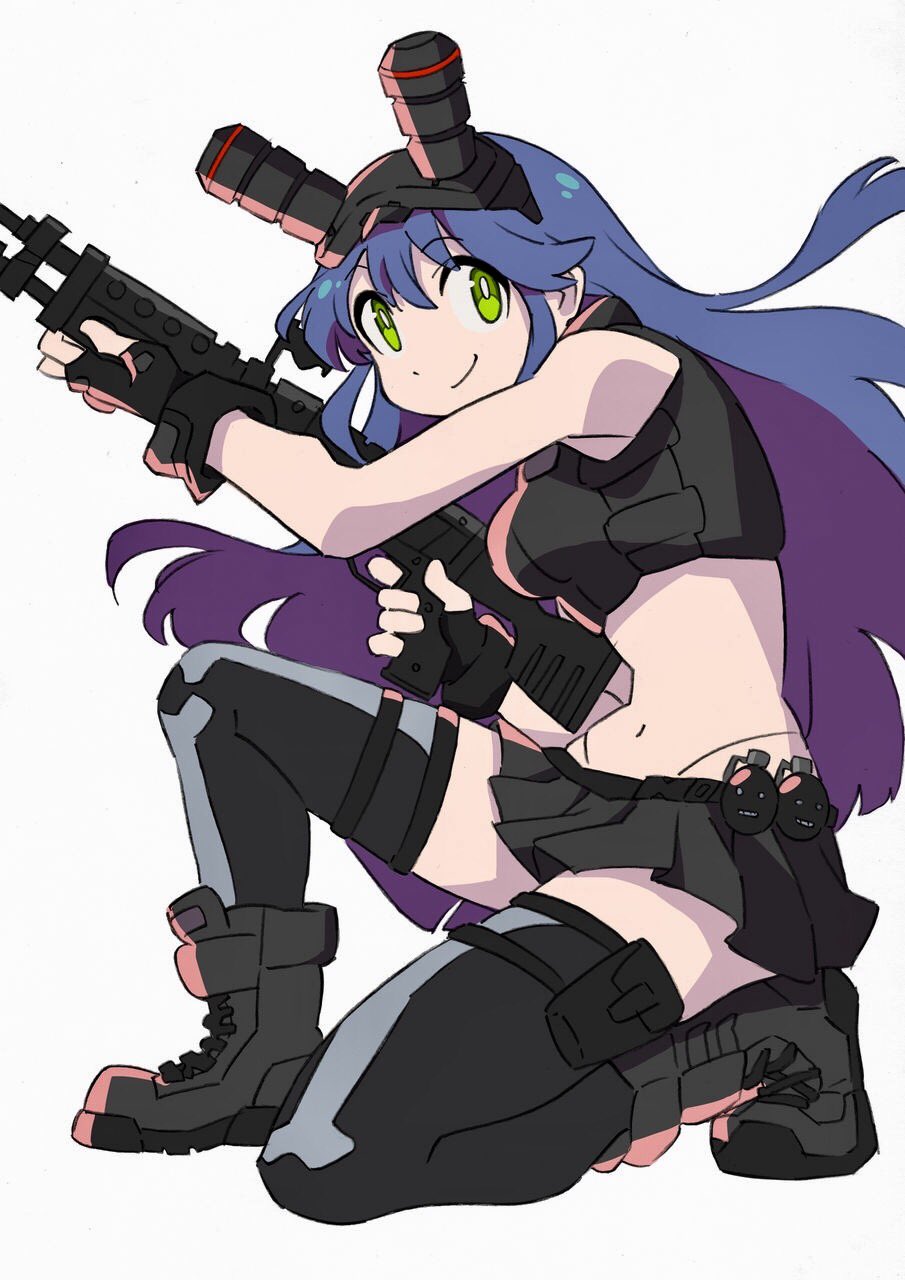 1girl arai_hiroki blue_hair boots combat_boots explosive fingerless_gloves frag gloves green_eyes grenade gun highres holding holding_gun holding_weapon long_hair midriff miniskirt muzzle_(trigger) night_vision_device one_knee pleated_skirt pouch skirt solo thigh-highs trigger_(company) weapon white_background