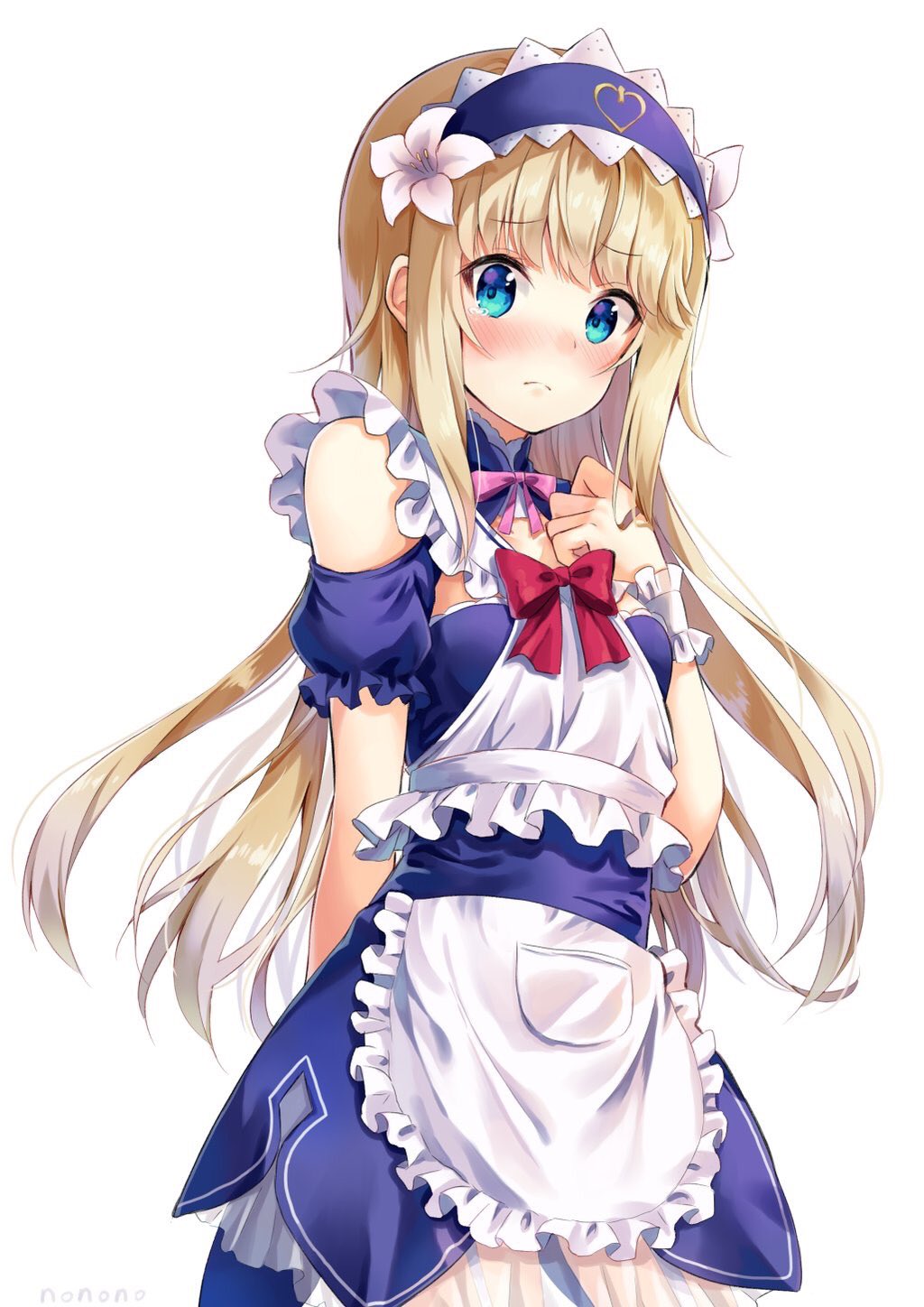 :&lt; androgynous apron arm_behind_back bangs blonde_hair blue_eyes blush closed_mouth cowboy_shot eyebrows_visible_through_hair fate/grand_order fate_(series) frilled_apron frilled_sleeves frills green_eyes hand_on_own_chest headdress highres le_chevalier_d'eon_(fate/grand_order) long_hair looking_at_viewer maid nonono puffy_short_sleeves puffy_sleeves short_sleeves sidelocks simple_background solo waist_apron white_background