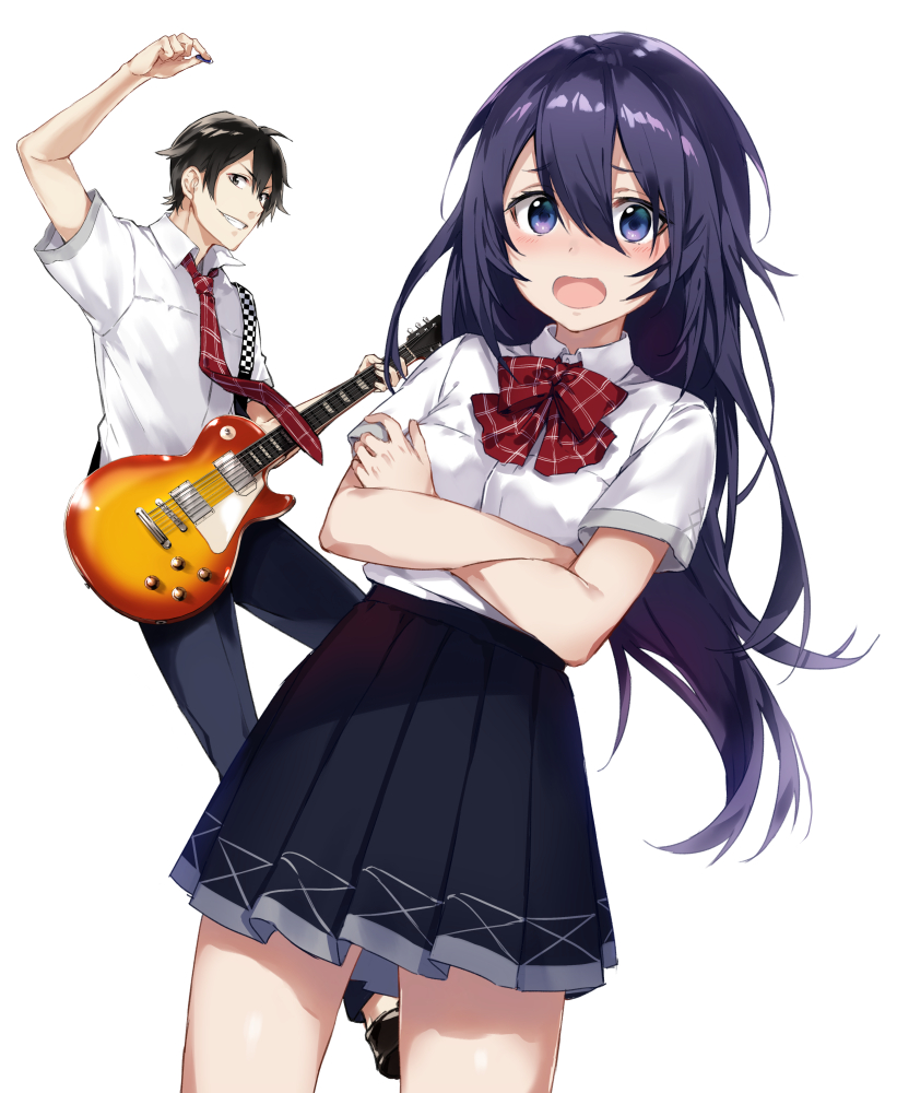 1boy 1girl arisaka_ako arm_up bangs black_eyes black_hair black_skirt blouse blush cover cover_page cowboy_shot crossed_arms dutch_angle eyebrows_visible_through_hair grin guitar hair_between_eyes hikikomori-hime_wo_utawasetai! instrument les_paul long_hair necktie novel_cover open_mouth parted_lips plaid plaid_bowtie plaid_necktie pleated_skirt plectrum purple_hair school_uniform short_sleeves simple_background skirt smile solo_focus standing thighs violet_eyes white_background white_blouse