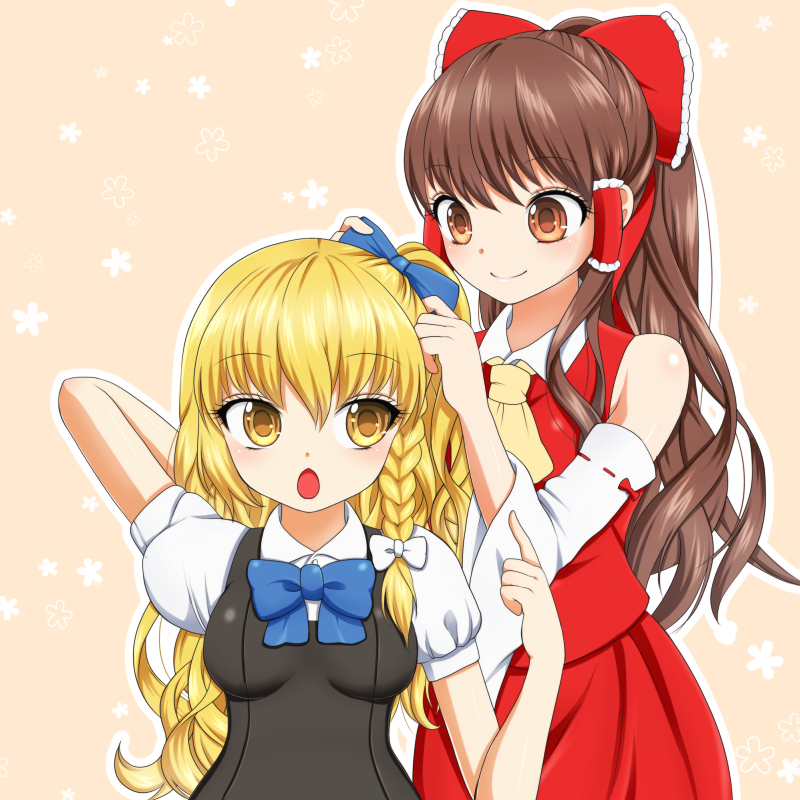 2girls :o ascot bangs bare_shoulders blonde_hair bow bowtie braid breasts brown_eyes brown_hair commentary_request detached_sleeves hair_bow hair_tubes hairdressing hakurei_reimu kirisame_marisa long_hair medium_breasts multiple_girls no_hat no_headwear pointing side_braid side_ponytail single_braid skirt skirt_set smile toraneko0128 touhou tying_hair very_long_hair vest wavy_hair yellow_eyes