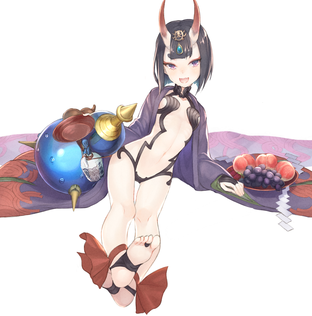 1girl ankle_ribbon barefoot breasts commentary_request cup fate/grand_order fate_(series) feet food fruit gi_(melmail) grapes horns japanese_clothes kimono legs looking_at_viewer navel no_shoes oni oni_horns open_mouth peach purple_hair ribbon sakazuki short_hair shuten_douji_(fate/grand_order) simple_background sitting small_breasts smile soles solo toes violet_eyes white_background