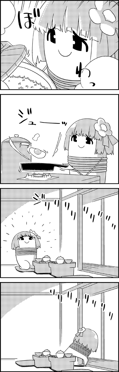 4koma bound comic commentary_request cooking flower fried_egg frying_pan greyscale hair_flower hair_ornament hieda_no_akyuu highres kneeling monochrome peeking_out pot rice rice_bowl rope short_hair smile solo tani_takeshi tied_up touhou translation_request yukkuri_shiteitte_ne