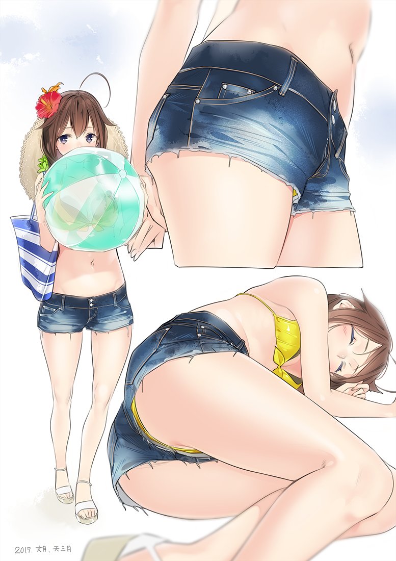 10s 1girl ahoge ama_mitsuki arms_behind_back ball bare_legs beachball bikini blurry breasts bright_pupils brown_hair closed_eyes cutoffs denim denim_shorts depth_of_field flower full_body hair_flower hair_ornament hat hibiscus kantai_collection looking_at_viewer lying midriff multiple_views navel sandals shigure_(kantai_collection) short_shorts shorts simple_background sleeping small_breasts straw_hat swimsuit violet_eyes white_background white_pupils yellow_bikini