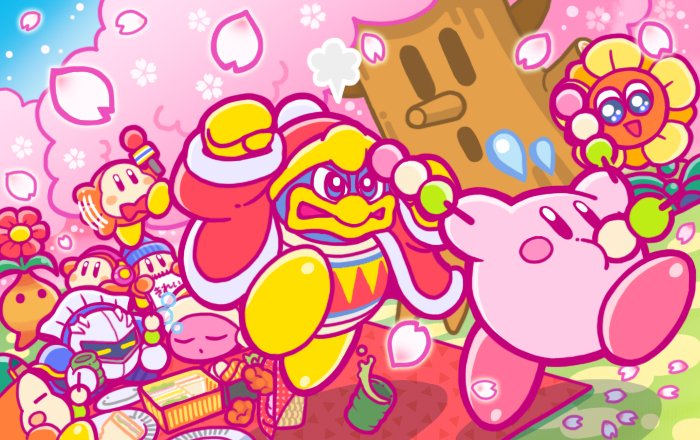 2boys backwards_hat baseball_cap beanie bird blanket blush_stickers bow bowtie bulby_(kirby) cherry_blossoms closed_eyes cup dango fleeing flower food hanami hat headphones king_dedede kirby kirby_(series) looking_at_another lovely_(kirby) mask meta_knight microphone multiple_boys nintendo no_humans noddy_(kirby) obentou official_art penguin petals picnic plate robe sanshoku_dango sleeping smile tree waddle_dee wagashi whispy_woods yunomi