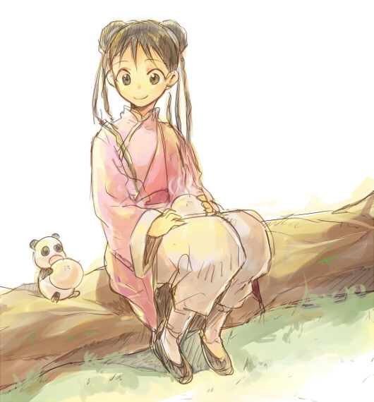 1girl animal black_eyes black_hair braid chinese_clothes dumpling eating eyebrows_visible_through_hair food fullmetal_alchemist happy log long_hair looking_at_another may_chang panda riru sitting smile xiao-mei