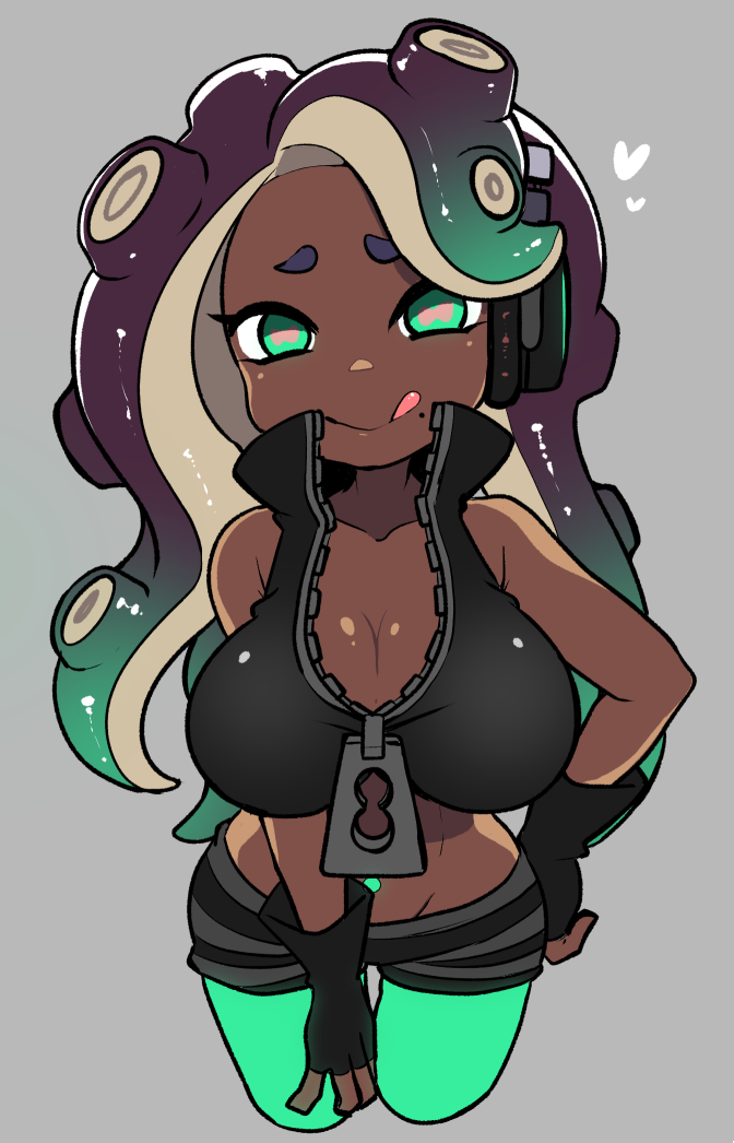 1girl bare_shoulders breasts cleavage crop_top dark_skin fingerless_gloves gloves green_eyes green_legwear headphones heart iida_(splatoon) large_breasts licking_lips looking_at_viewer midriff mole mole_under_mouth mzh navel_piercing pantyhose piercing pink_pupils purple_hair shorts solo splatoon splatoon_2 symbol-shaped_pupils tentacle_hair tongue tongue_out zipper zipper_pull_tab