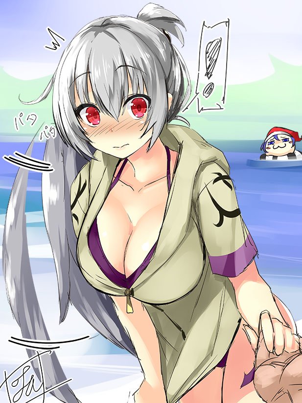 ! /\/\/\ 2girls :3 afterimage alternate_hairstyle bangs beach bikini blue_eyes blue_hair blush blush_stickers breasts cleavage closed_mouth clothes_tug collarbone commentary_request doremy_sweet eyebrows_visible_through_hair grey_wings hair_between_eyes hand_holding hat kishin_sagume large_breasts lifebuoy looking_at_viewer motion_lines multiple_girls nightcap nose_blush outdoors pov pov_hands red_eyes red_hat short_hair short_sleeves signature silver_hair single_wing spoken_exclamation_mark striped swimsuit tirotata touhou water wings zipper