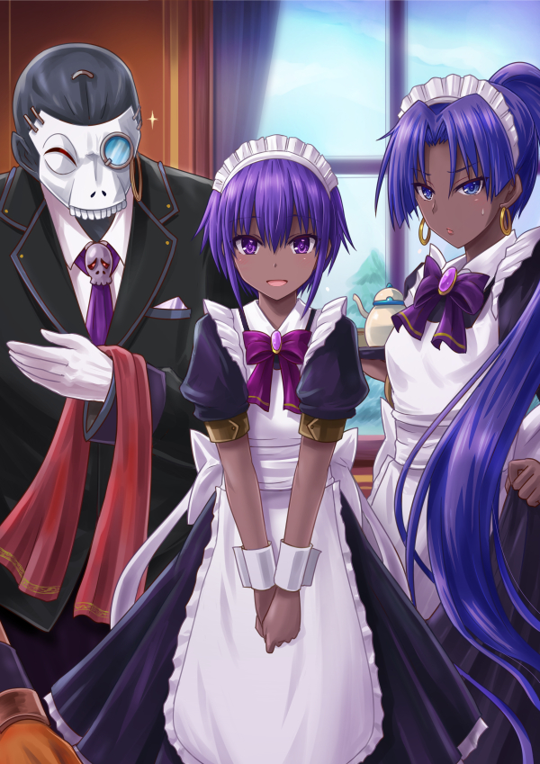 1boy 2girls alternate_costume apron assassin_(fate/prototype_fragments) assassin_(fate/zero) breasts butler dark_skin enmaided fate/grand_order fate/prototype fate/prototype:_fragments_of_blue_and_silver fate/zero fate_(series) female_assassin_(fate/zero) formal frills hairband haura_akitoshi long_hair looking_at_viewer maid maid_apron maid_headdress mask medium_breasts monocle multiple_girls necktie ponytail puffy_short_sleeves puffy_sleeves purple_hair short_hair short_sleeves suit tray true_assassin violet_eyes waist_apron wrist_cuffs