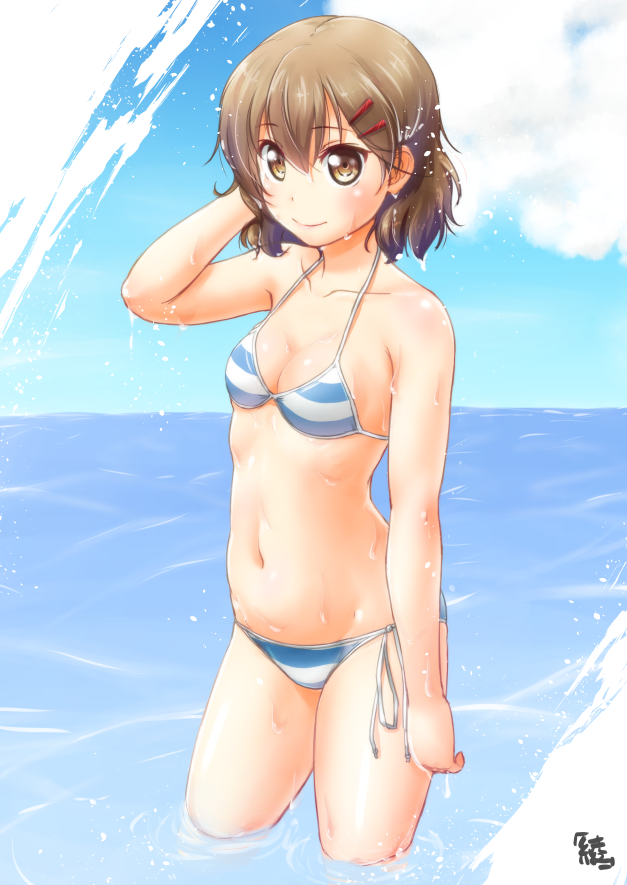 1girl artist_name ayama_yuiya bikini blue_swimsuit breasts brown_eyes brown_hair kurei_kei looking_at_viewer navel programming_live_broadcast pronama-chan short_hair side-tie_bikini small_breasts solo striped striped_bikini swimsuit wading water wet