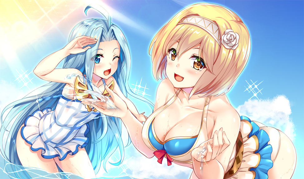 2girls :d ;d ahoge bangs blonde_hair blue_eyes blue_hair blue_sky blush breasts brown_eyes cleavage collarbone cowboy_shot day djeeta_(granblue_fantasy) frilled_swimsuit frills granblue_fantasy hairband hinata_sora large_breasts leaning_forward long_hair looking_at_viewer lyria_(granblue_fantasy) multiple_girls one-piece_swimsuit one_eye_closed open_mouth partially_submerged short_hair sky smile sparkle sunlight swimsuit very_long_hair