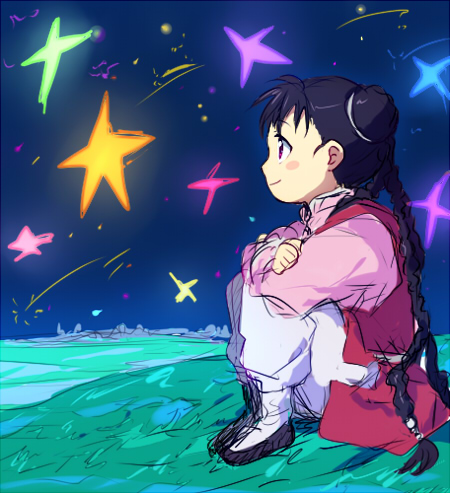 1girl black_eyes black_hair blush_stickers braid chinese_clothes colorful crossed_arms eyebrows_visible_through_hair fullmetal_alchemist happy long_hair looking_up lowres may_chang night riru shooting_star sitting sky smile solo_focus star_(sky)