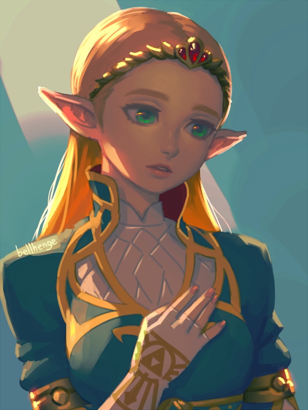 1girl bellhenge blonde_hair breasts dress earrings green_eyes jewelry long_hair looking_away pointy_ears princess_zelda solo the_legend_of_zelda the_legend_of_zelda:_breath_of_the_wild