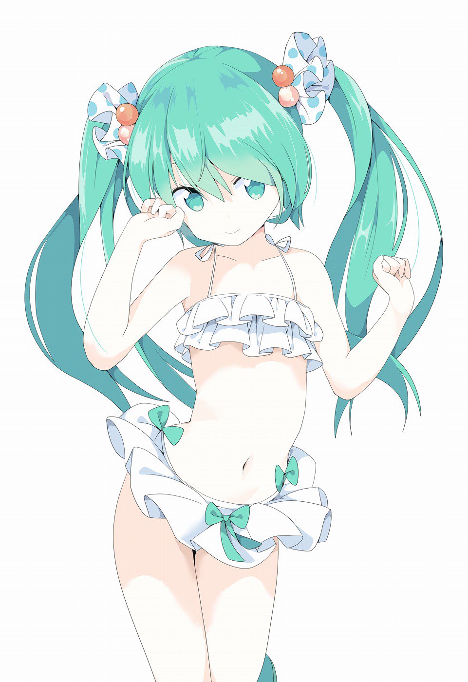 1girl aqua_eyes aqua_hair bikini bow frilled_bikini frills green_bow hair_bobbles hair_ornament hair_scrunchie highres long_hair navel polka_dot scrunchie simple_background solo standing stomach swimsuit tantan_men_(dragon) twintails white_background white_bikini