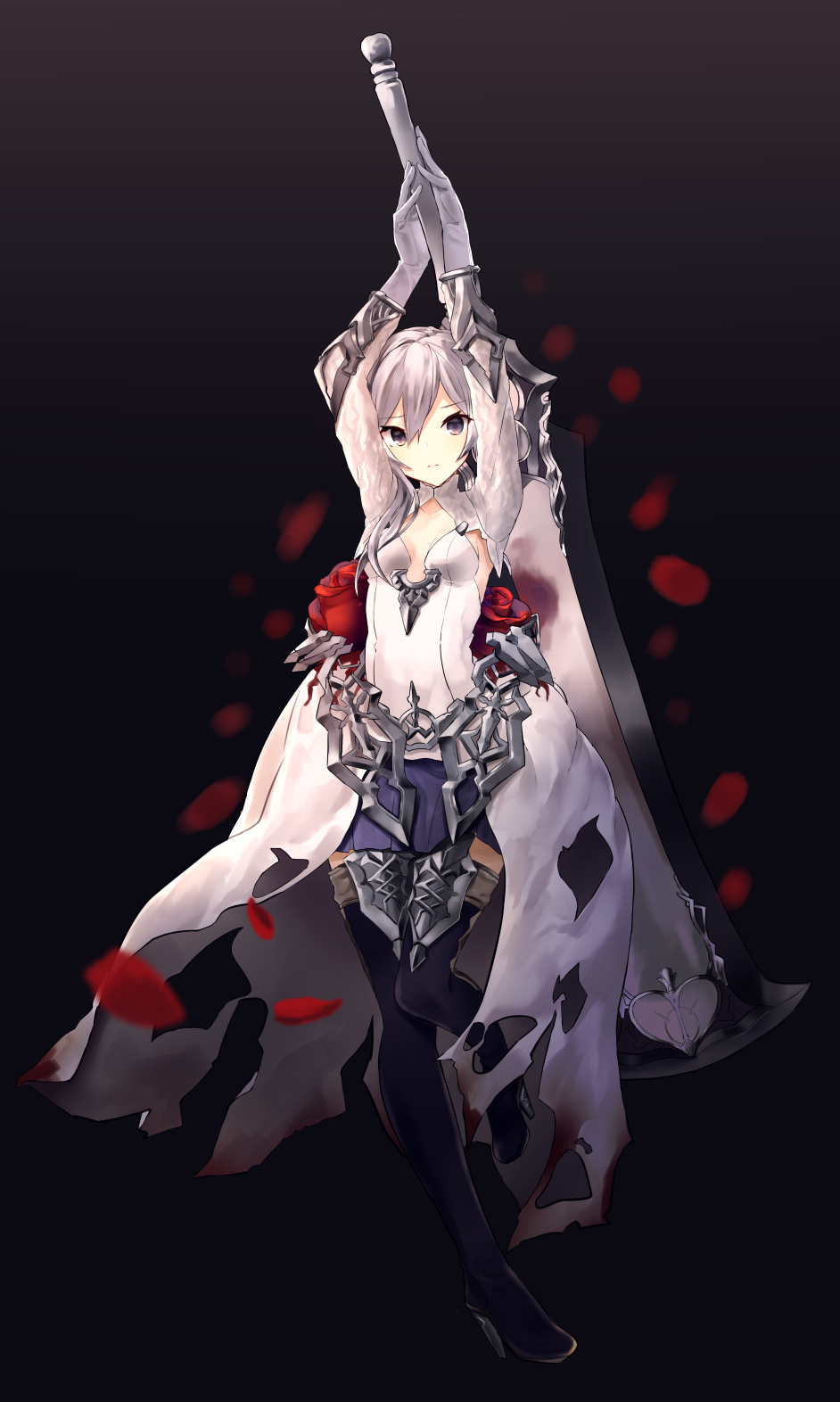 1girl arms_up bangs black_legwear blue_skirt boots breasts chamnaitu closed_mouth dress eyebrows_visible_through_hair gloves grey_eyes grey_gloves grey_hair hair_between_eyes high_heel_boots high_heels highres holding holding_sword holding_weapon looking_at_viewer petals sidelocks silver_hair sinoalice skirt small_breasts snow_white_(sinoalice) solo sword thigh-highs thigh_boots weapon white_dress
