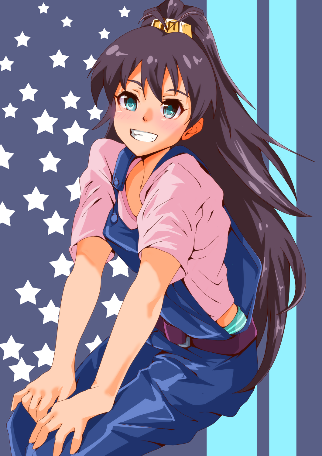 1girl belt bent_knees black_hair blue_eyes blush ganaha_hibiki grin hands_on_own_knees highres idolmaster looking_at_viewer overalls pink_shirt ponytail shirt smile solo star yusukesan