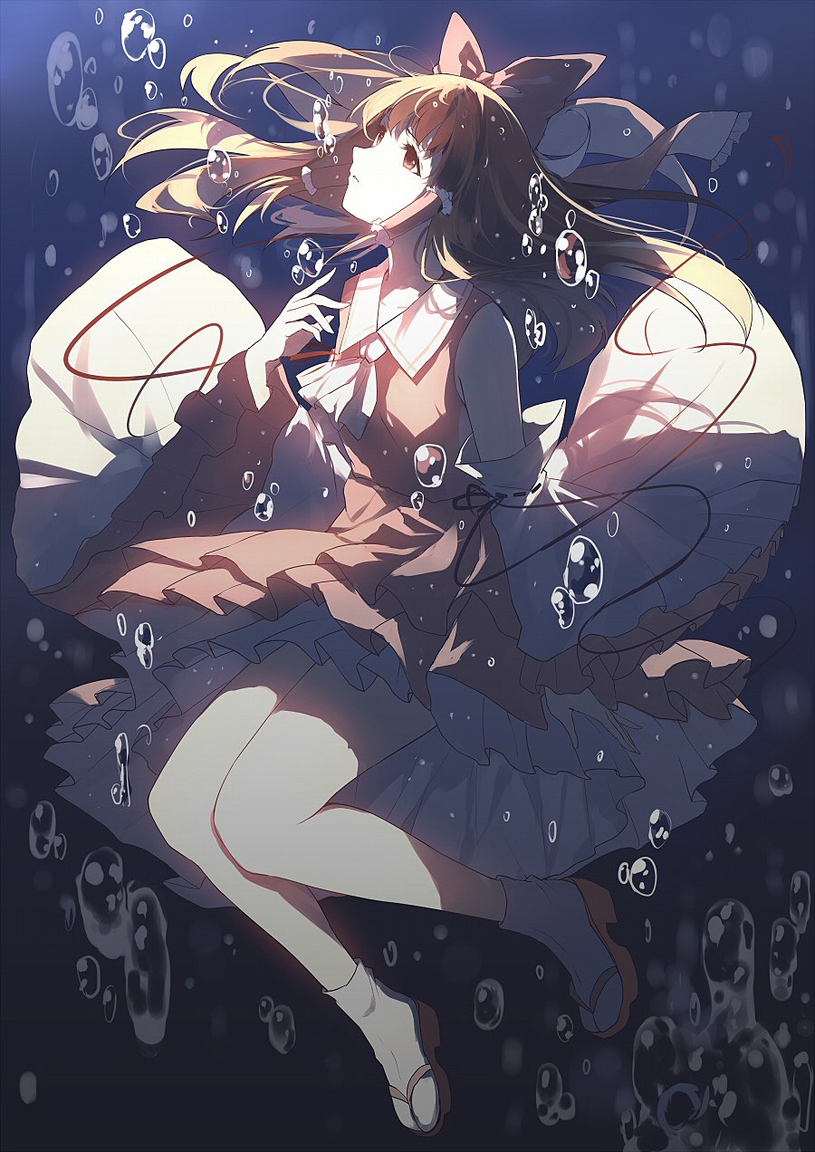 1girl air_bubble bent_knees bow caidychen commentary_request detached_sleeves dress from_side full_body hair_bow hair_tubes hakurei_reimu highres long_hair long_sleeves looking_up pleated_dress red_bow red_dress sandals socks solo touhou underwater white_legwear wide_sleeves