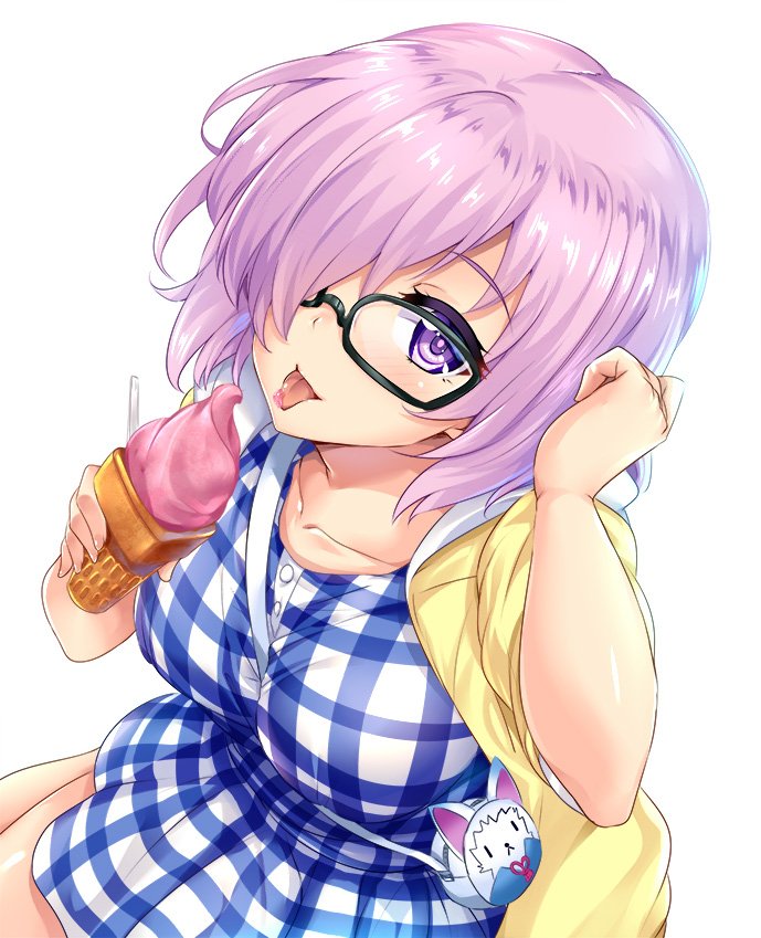 1girl bag black-framed_eyewear blush breasts collarbone cowboy_shot dress fate/grand_order fate_(series) food from_above hair_over_one_eye hair_tucking handbag hinata_sora ice_cream jacket large_breasts lavender_hair looking_at_viewer looking_up open_clothes open_jacket plaid plaid_dress shielder_(fate/grand_order) short_hair solo tongue tongue_out violet_eyes